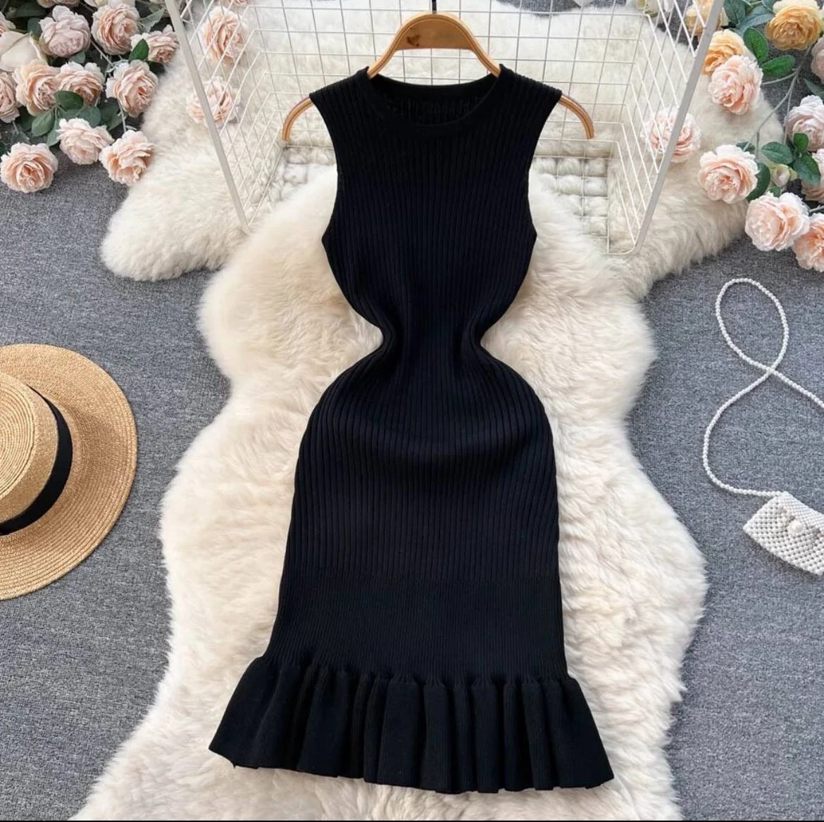 Autumn Sexy Package Hips Ruffles Mini Dress Summer Fashion Knitted Bodycon