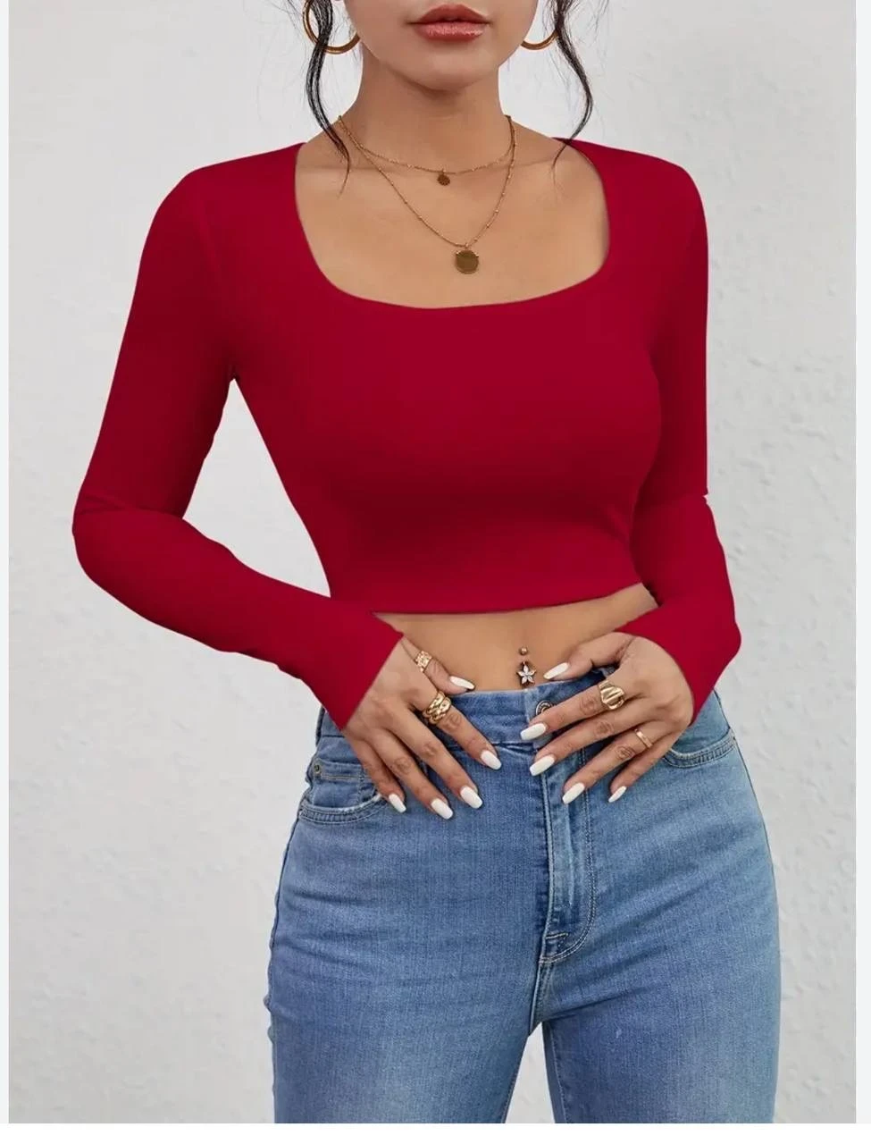 Fashion slim fit base plain square neck long sleeve plus size crop tops women’s