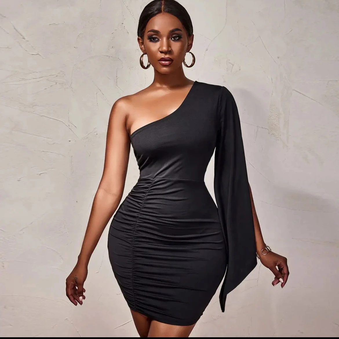 Women's One Shoulder Long Sleeve Ruched Mini Dress Bodycon Pencil Party Cocktail