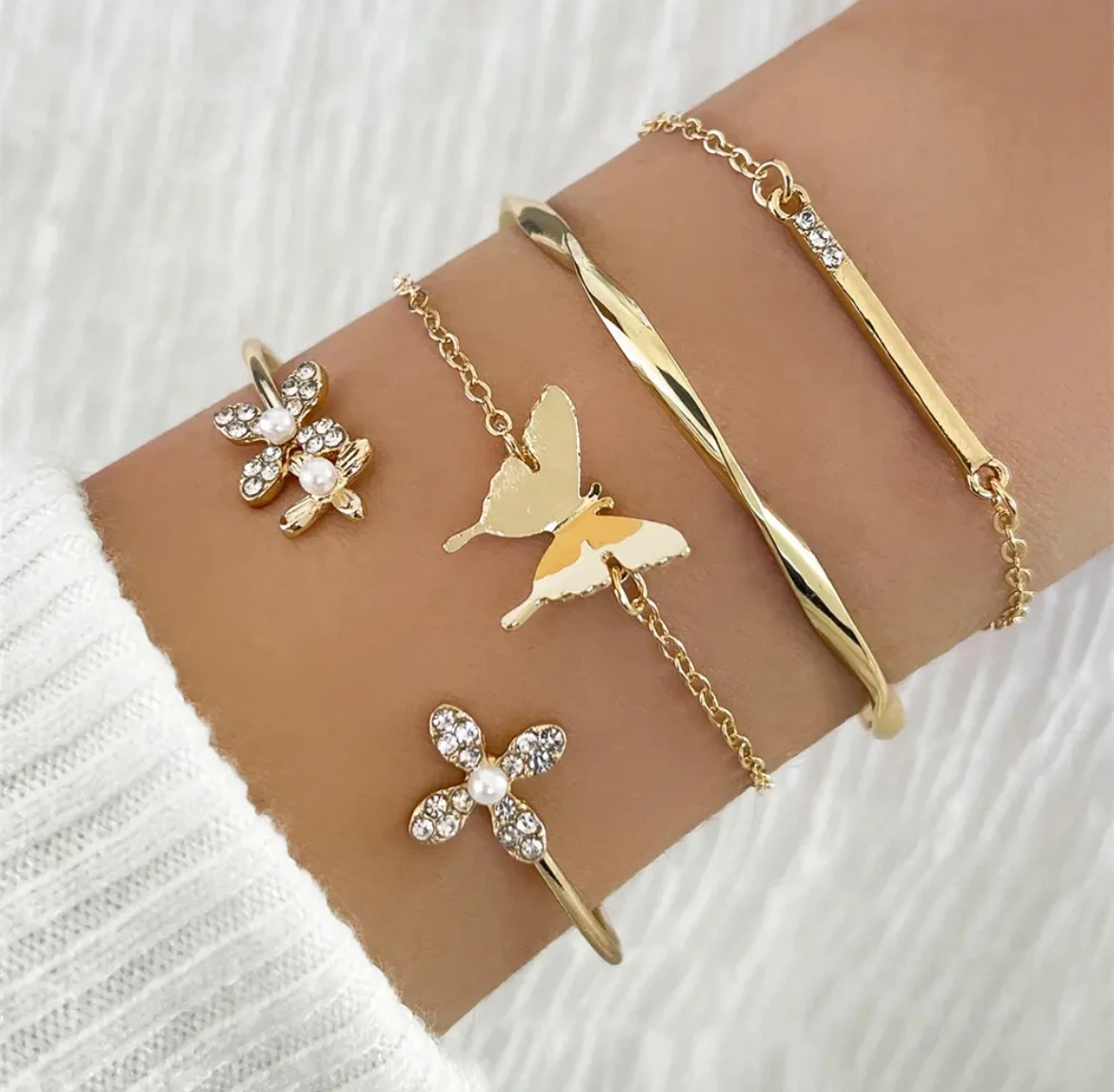 Layered Gold Butterfly Bracelet for Women, Chunky Chain Link Bracelet Cz Rhinest