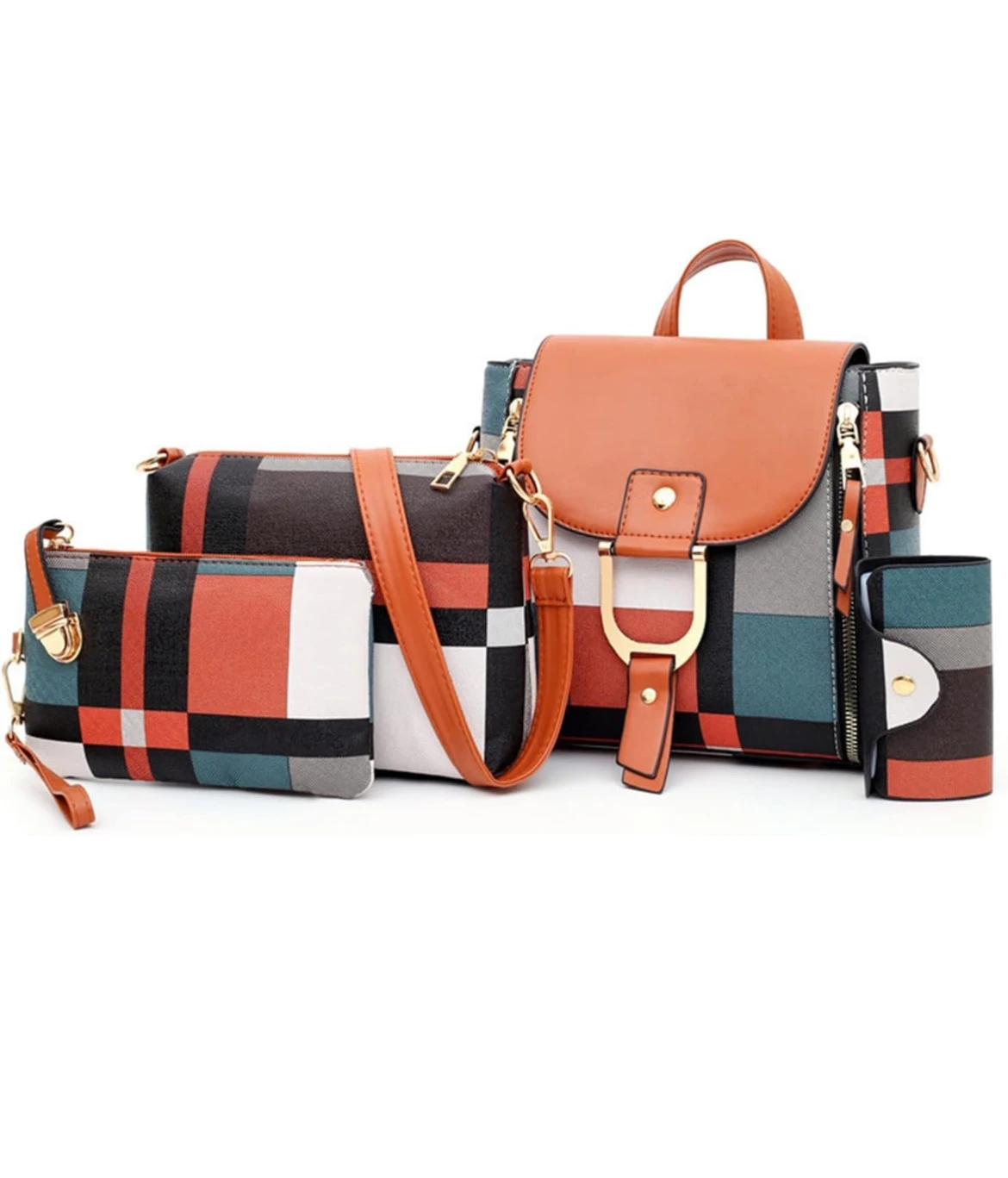 Plaid Pattern Purse Set 4pcs, Women's Trendy Backpack & Shoulder Bag & Clutch Ba