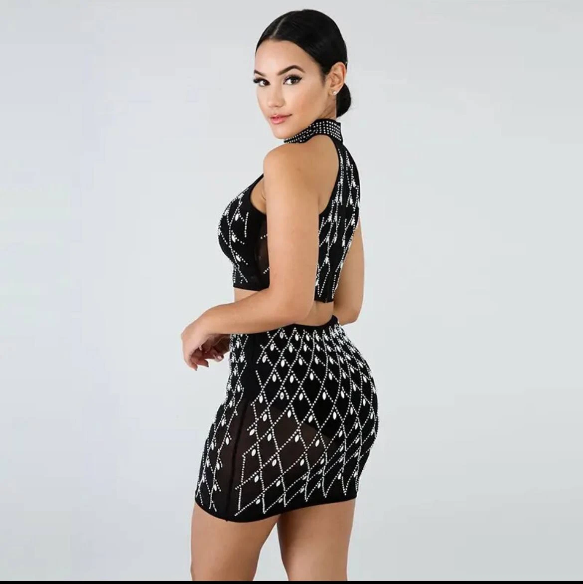 Sexy Club Outfits TWO PIECE SET Mini Skirt Crop Top Rhinestone Embellished Twin 