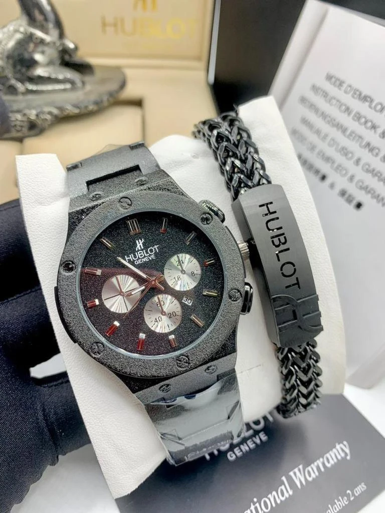 Hublot  Two-Hand Black Metal Watch Gift Set with Bracelet Accessories