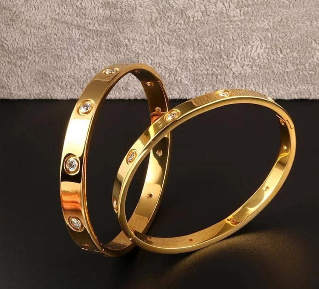 Gold Bracelets for Women - 2Pcs 18K Gold Plated Love Cubic Zirconia Bangle Cryst