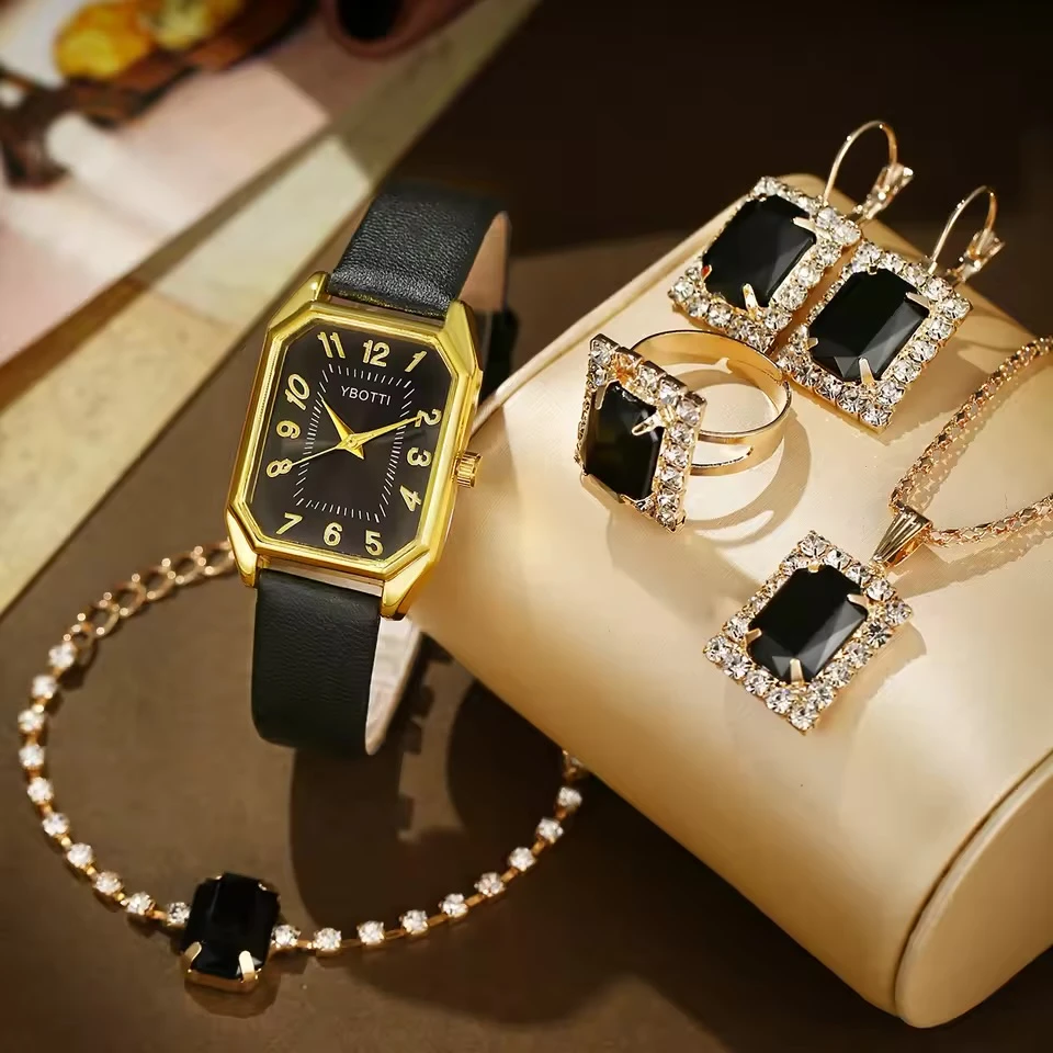 Luxury Black & Gold Jewelry and Watch Set for Women