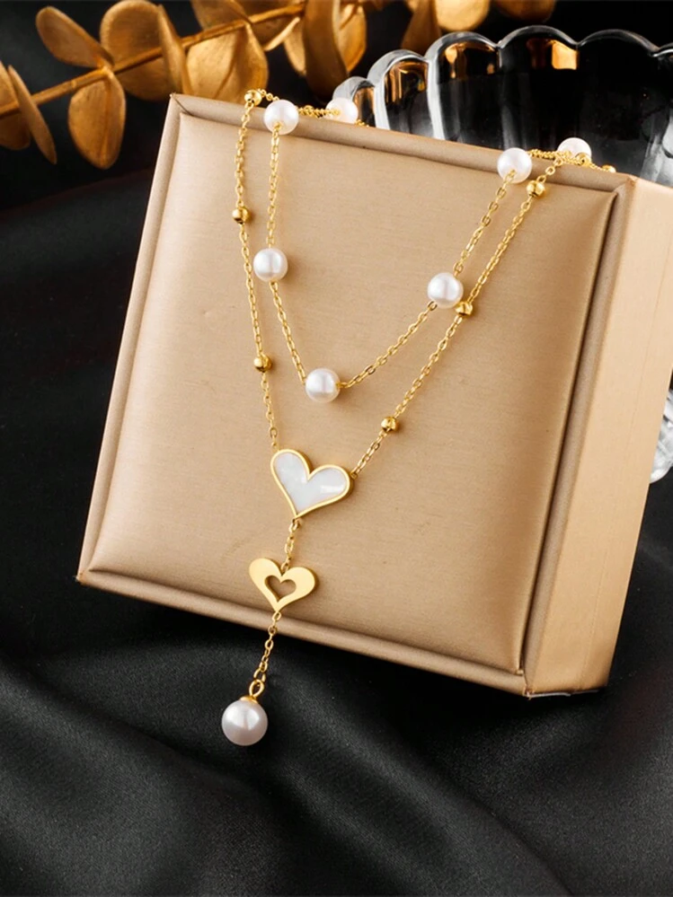 Heart pearl mother of pearl white 18k gold stainless steel anti tarnish dual lay
