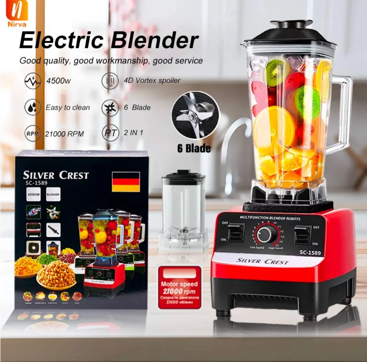 2 in 1 commercial heavy duty 2L electric fruit smoothie blenders and silver cres