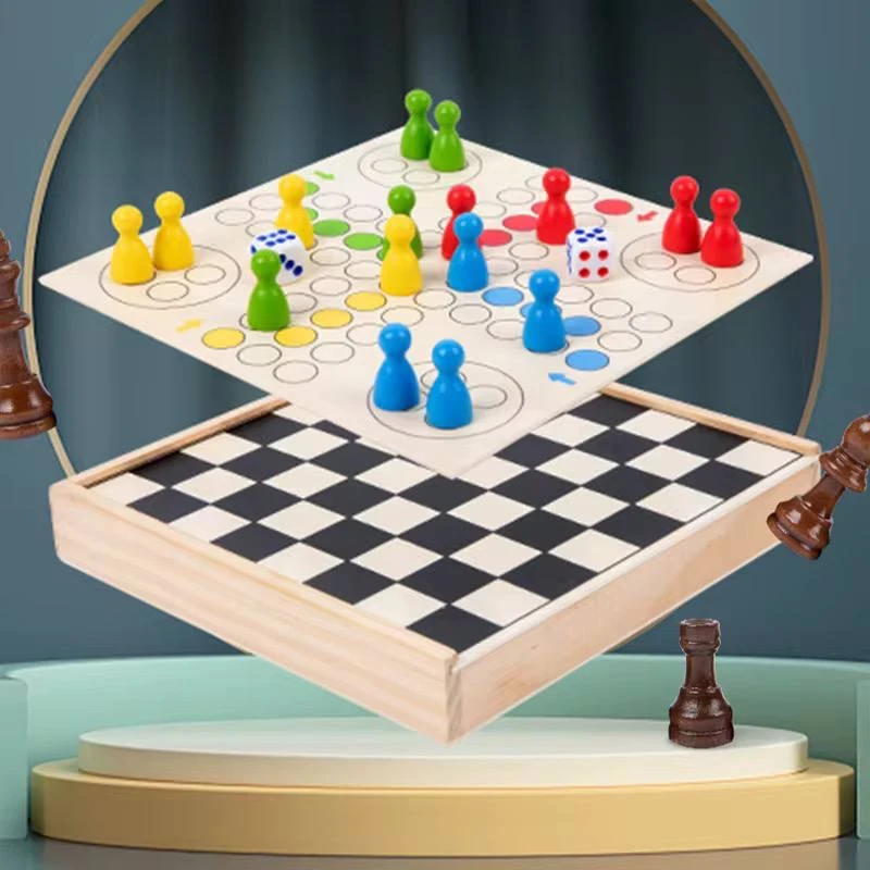 2 in 1 classic family wooden chess board toy flying chess table game