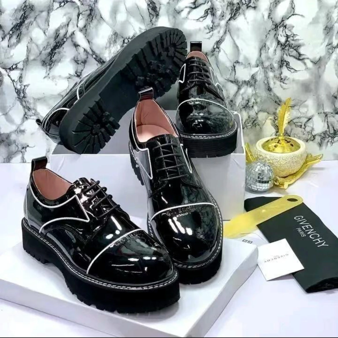 Glossy Black Patent Leather Derby Shoes with White Piping